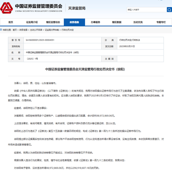 股民徐阳操纵证券市场被罚没3.96亿：虚假申报获利近1亿遭重罚